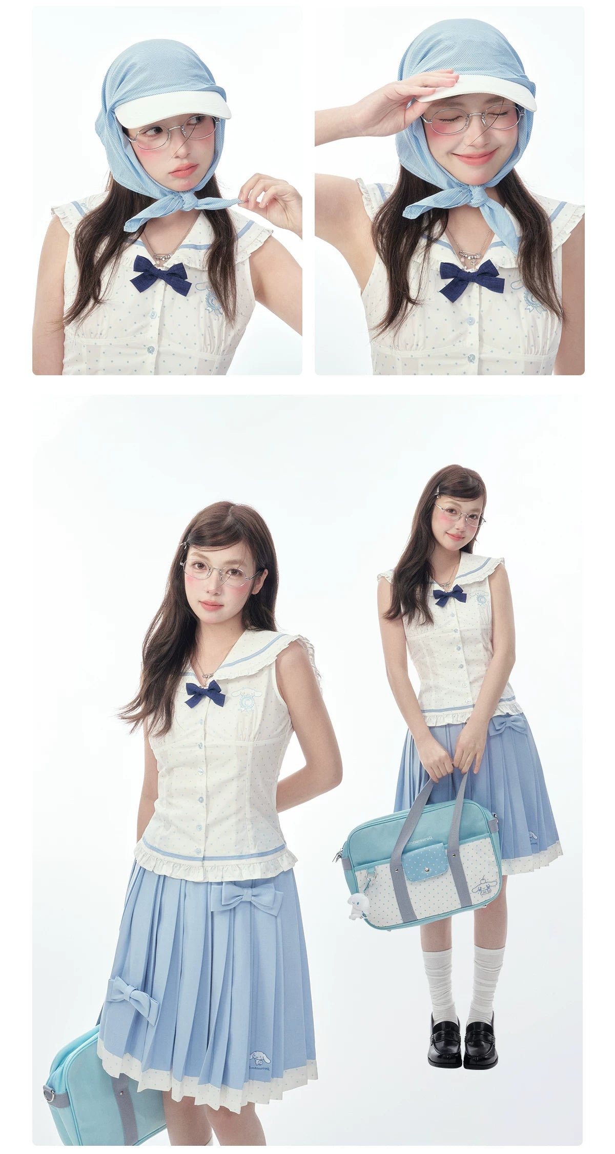 Sleeveless Polka Dot Sailor Collar Shirt & Light Blue Contrast-Trim Skirt