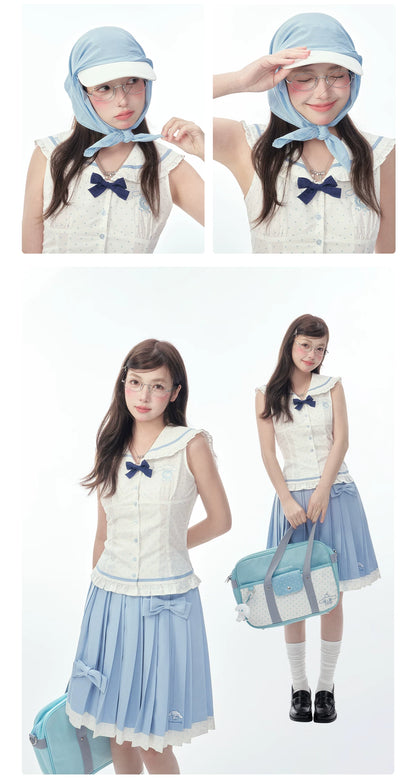 Sleeveless Polka Dot Sailor Collar Shirt & Light Blue Contrast-Trim Skirt