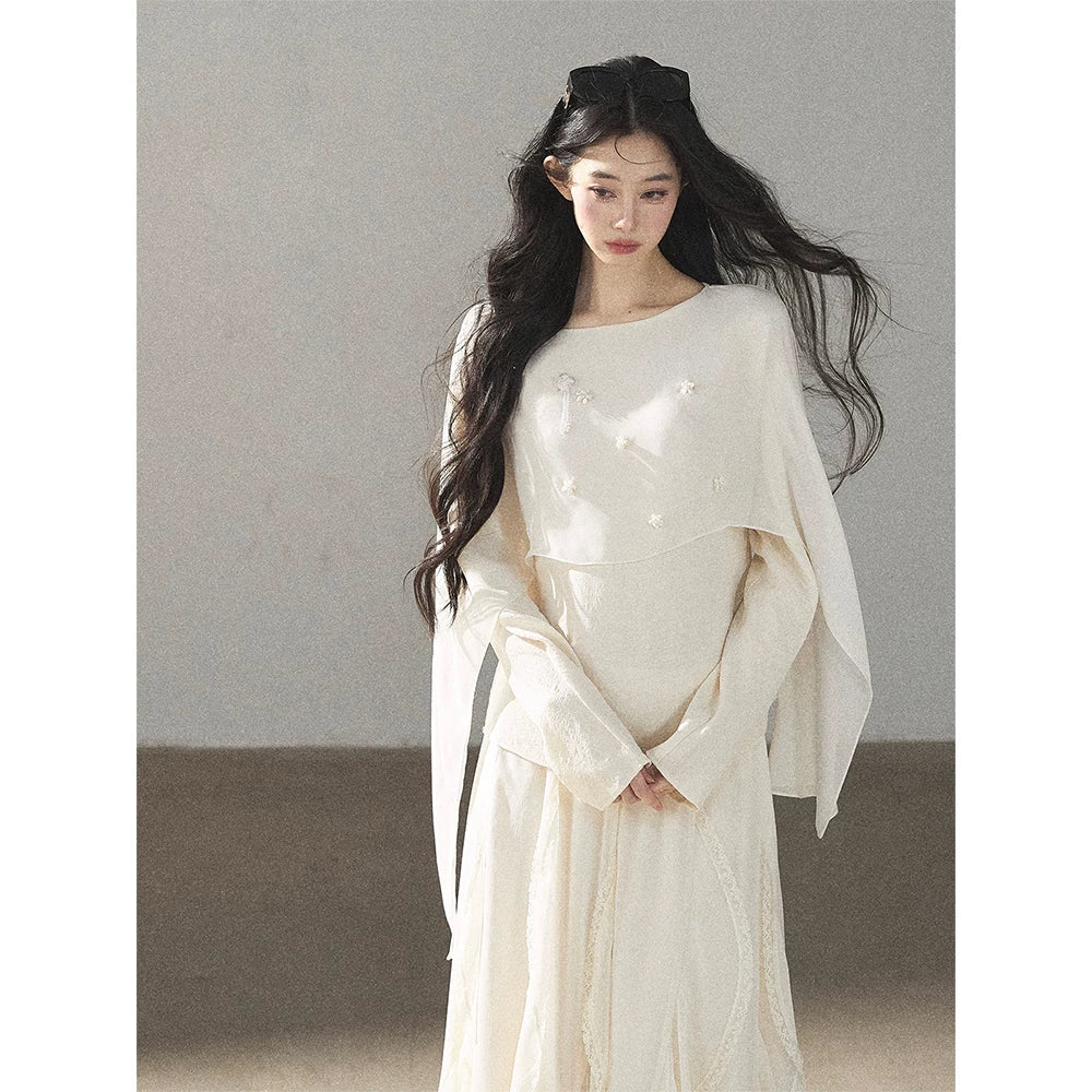 AOMALM - Layered Chiffon Shawl Top with Floral Detail