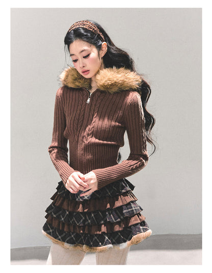 少也眼 “Sunset Left Behind” Knit Sweater Hoodie with Detachable Fur Trim 143685435