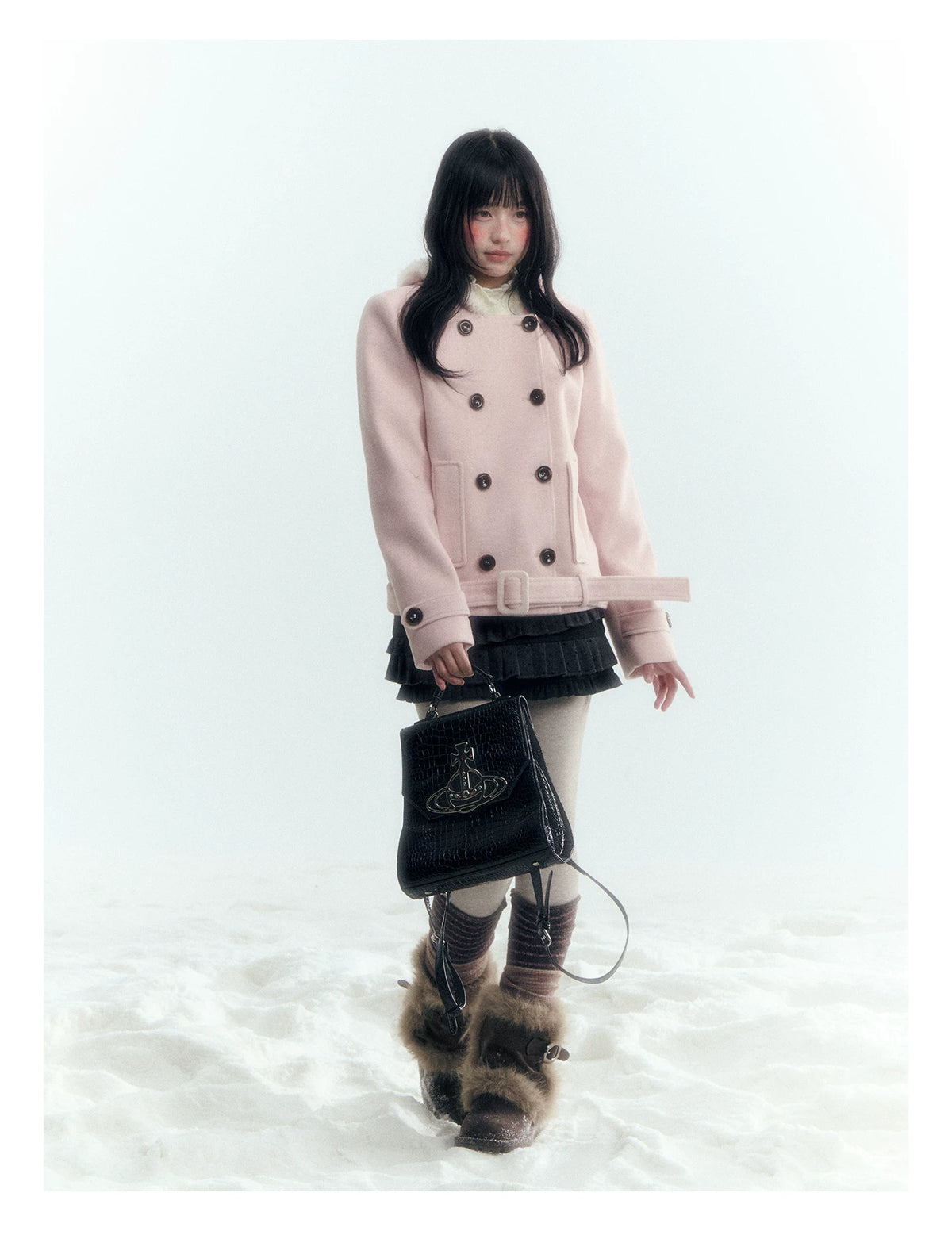 Horridale - Light Pink Double-Breasted Hooded Wool Blend Coat