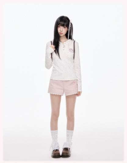 KYOUKO - Cherry Pink Lace-Trim Shorts