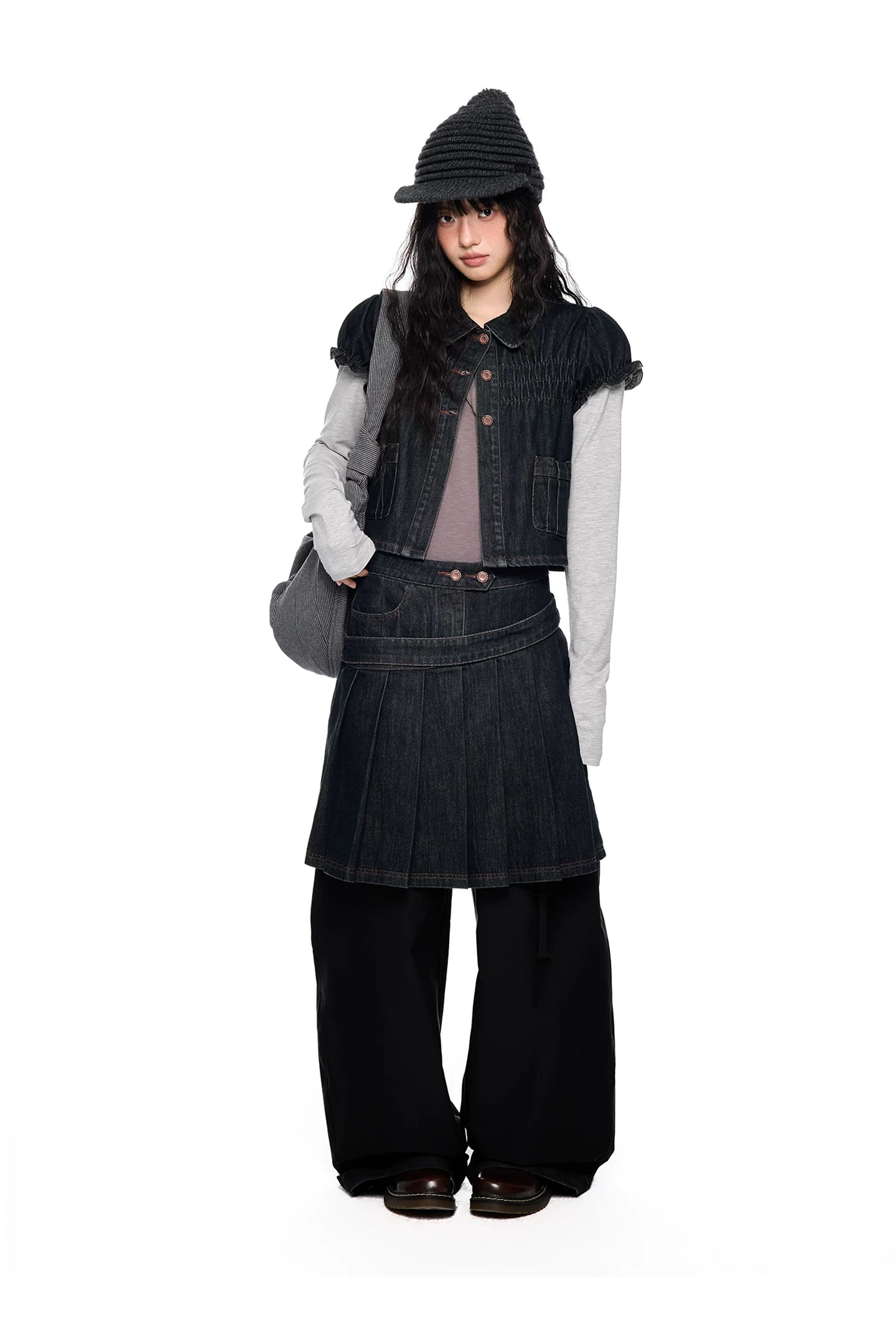 Vintage Peter Pan Collar Puff Sleeve Denim Set