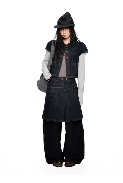 Vintage Peter Pan Collar Puff Sleeve Denim Set