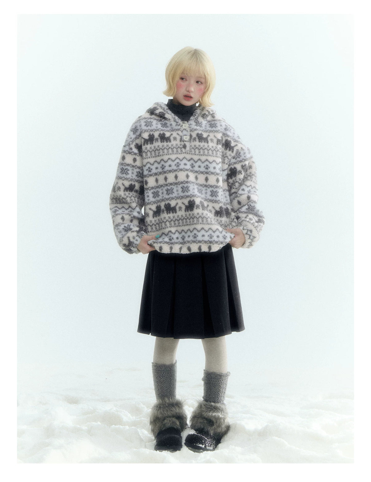 Horridale - Pink Fair Isle Cat Sherpa Fleece Hoodie with Bunny Ears
