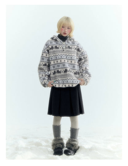 Horridale - Pink Fair Isle Cat Sherpa Fleece Hoodie with Bunny Ears