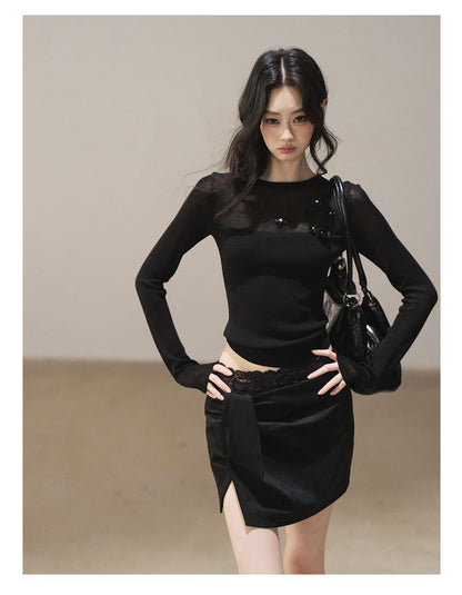 170726 "Hidden Between Light and Shadow" Tranquil Black Sheer Layered Knit Top