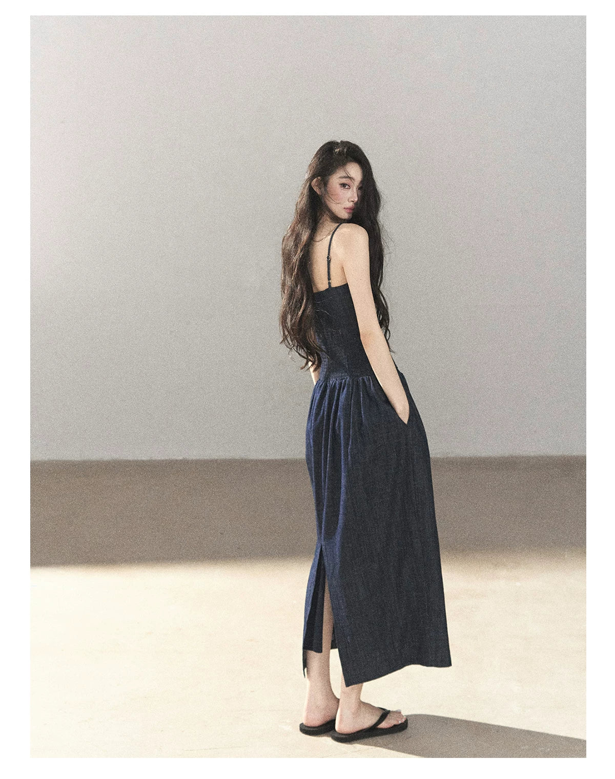 AOMALM - Navy Denim Long Dress with Matching Cardigan & Side Slit