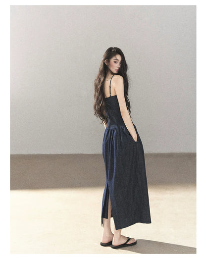 AOMALM - Navy Denim Long Dress with Matching Cardigan & Side Slit