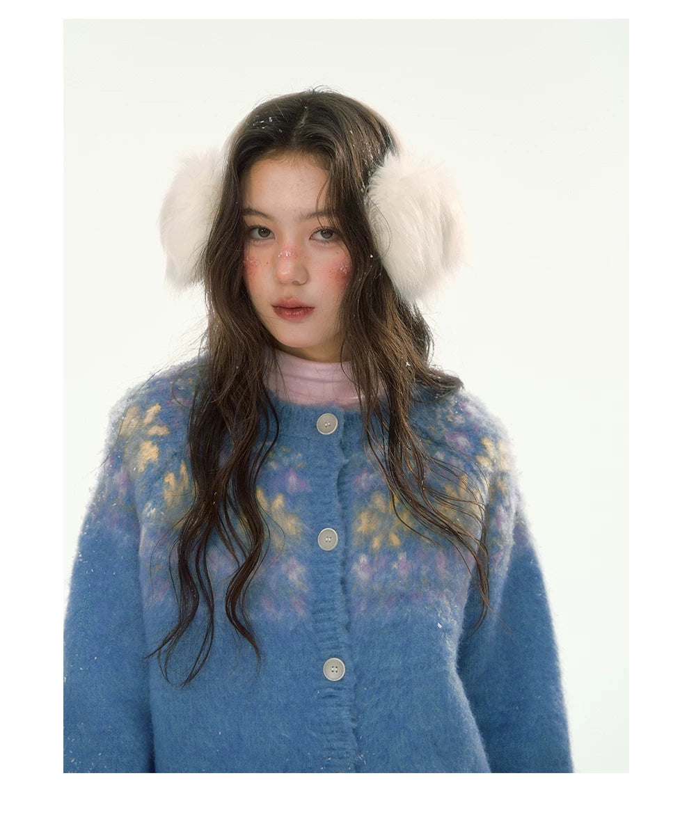 CANSTORE - "Blue Sky Echo" Fair Isle Bow Jacquard Knit Cardigan