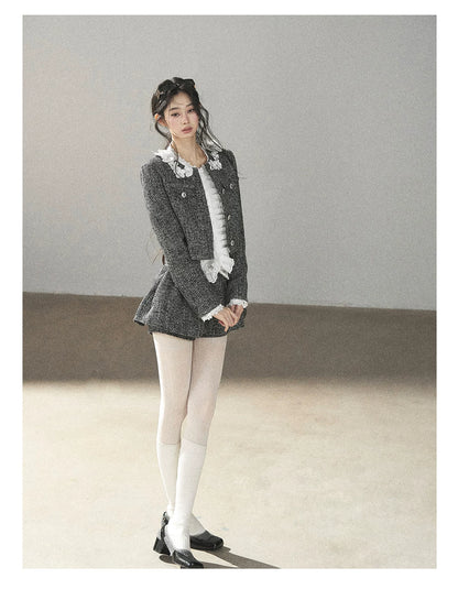 AOMALM - Black & Pearl White Tweed Jacket, Lace Blouse & Mini Skirt Set