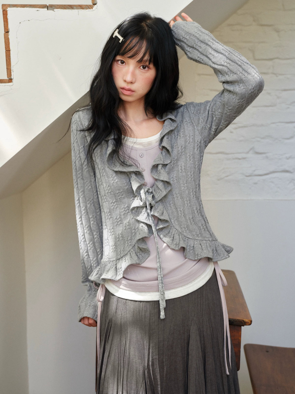 DAILY ARTIST - Gray Ruffle-Trim Cardigan & Purple Layered Top Set