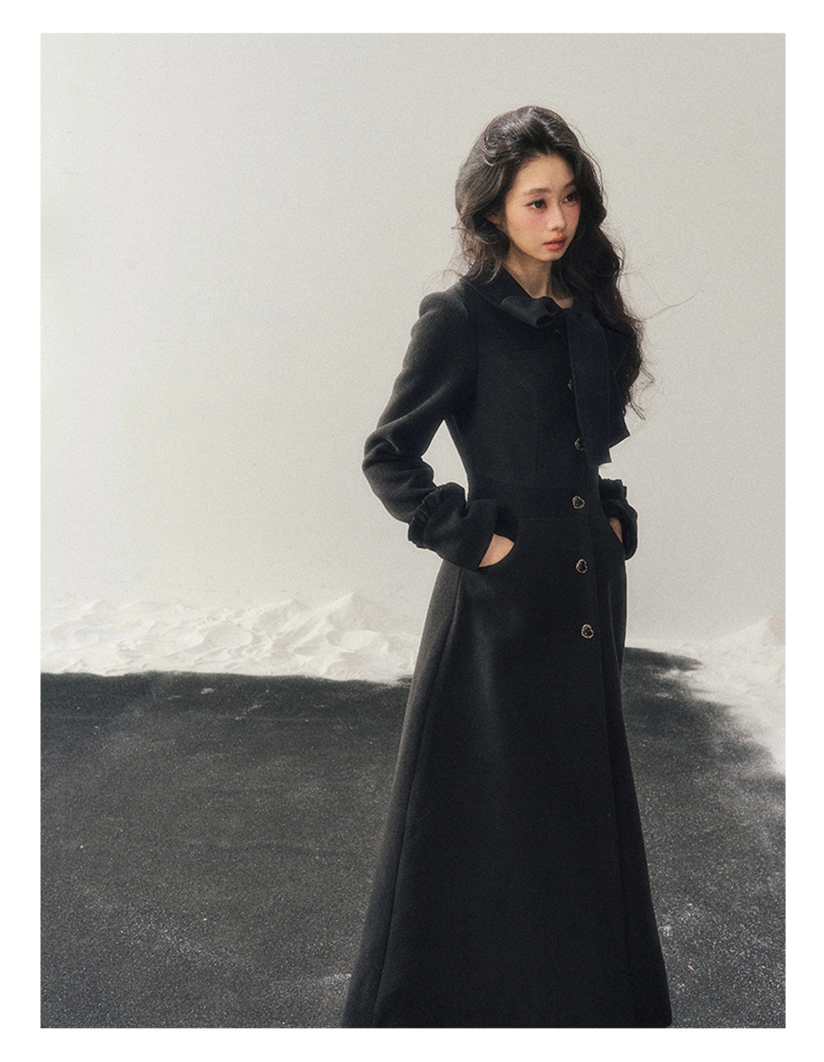少也眼 "Snowfall Night" Wool-Blend Padded Coat – Rock Black Bow Edition