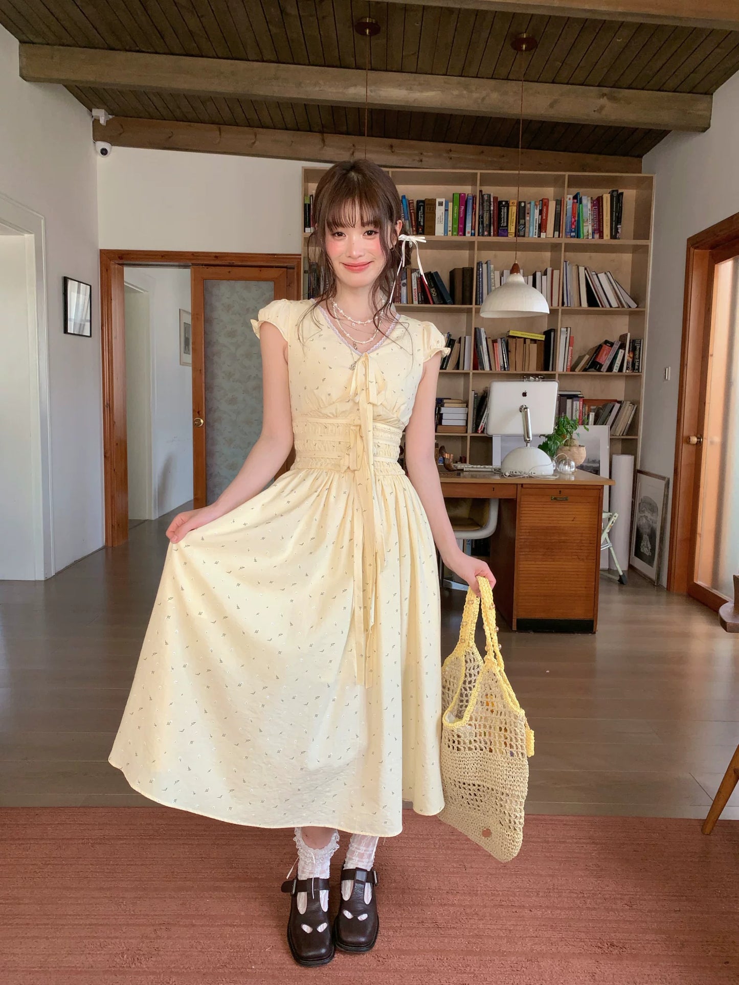 [RF] “Butter Peach Blossom” Goose Yellow Floral Maxi Dress