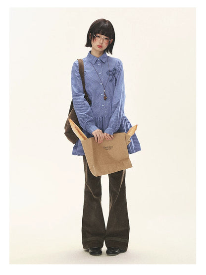 "Holiday Blues" Blue Plaid Bow Shirt Mini Dress
