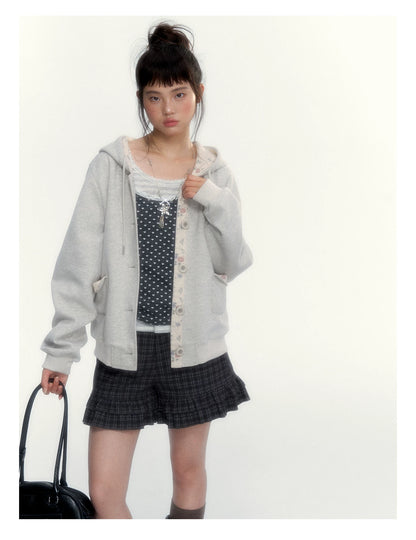 “Early Gray” Light Gray Striped Lace-Trimmed Fitted Long-Sleeve Top