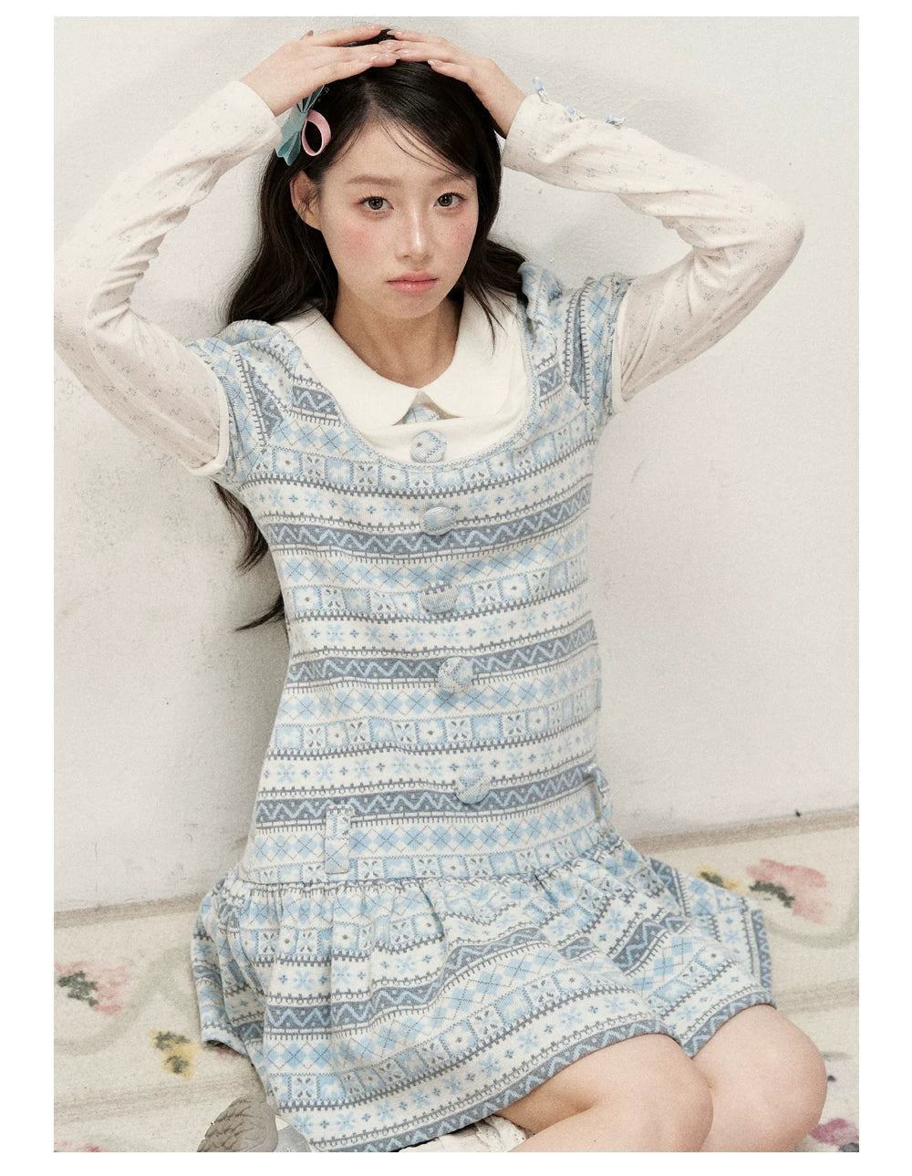 [RF] Vintage Geometric Jacquard Peter Pan Collar Knit Dress with Ruffle Hem