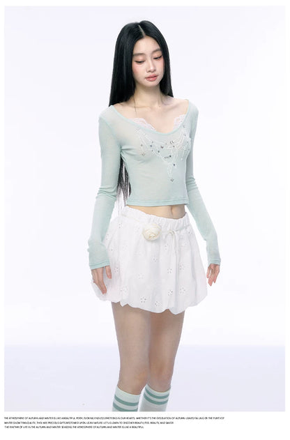 JN's DESIGN - Fitted Lace Long-Sleeve Top with Pearl Rhinestones