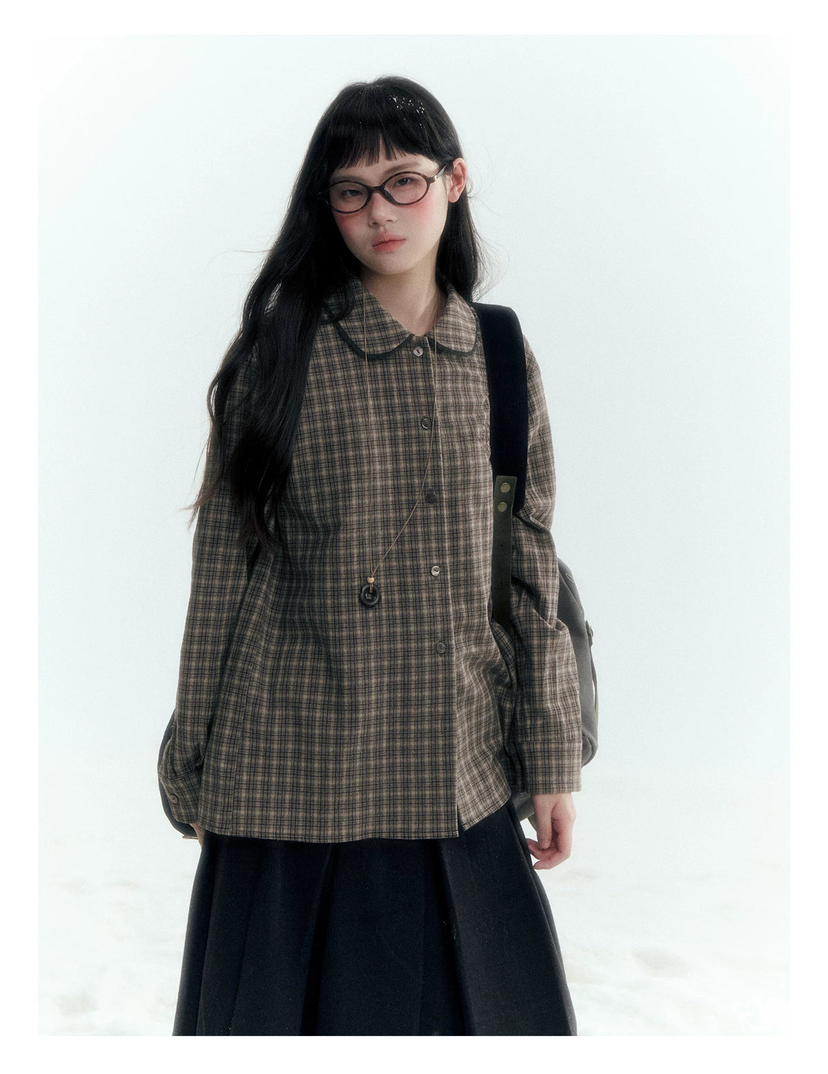 Horridale - Brown Khaki Plaid Embroidered Peter Pan Collar Shirt