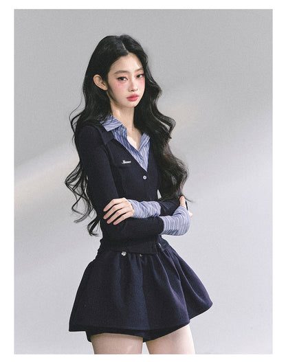 少也眼 "Oakwood Poetry" Faux-Layered Striped Knit Polo - Navy