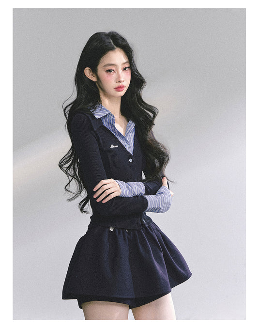 少也眼 "Oakwood Poetry" Faux-Layered Striped Knit Polo - Navy