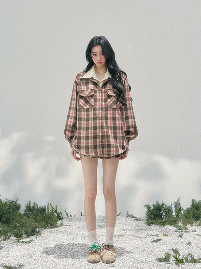 “Café Daydream” British Plaid Shirt & Mini Skirt Set