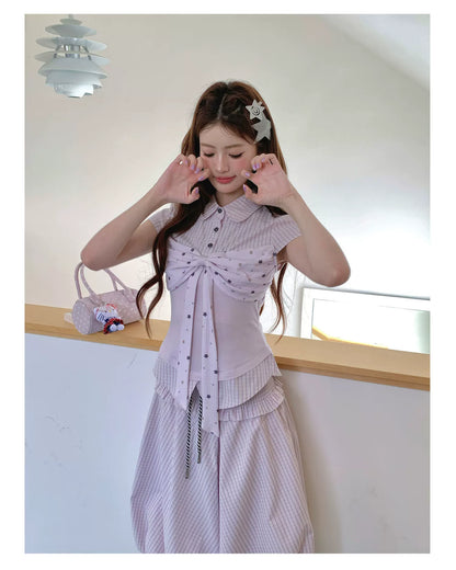 [RF] “Milk Taro Fizz” Soft Purple Striped Blouse & Bloom Skirt Set (Light Blue / Lavender)