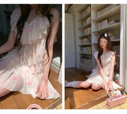 “Cloud Ruffle Reverie” Cream Apricot Floral Ruffle Dress