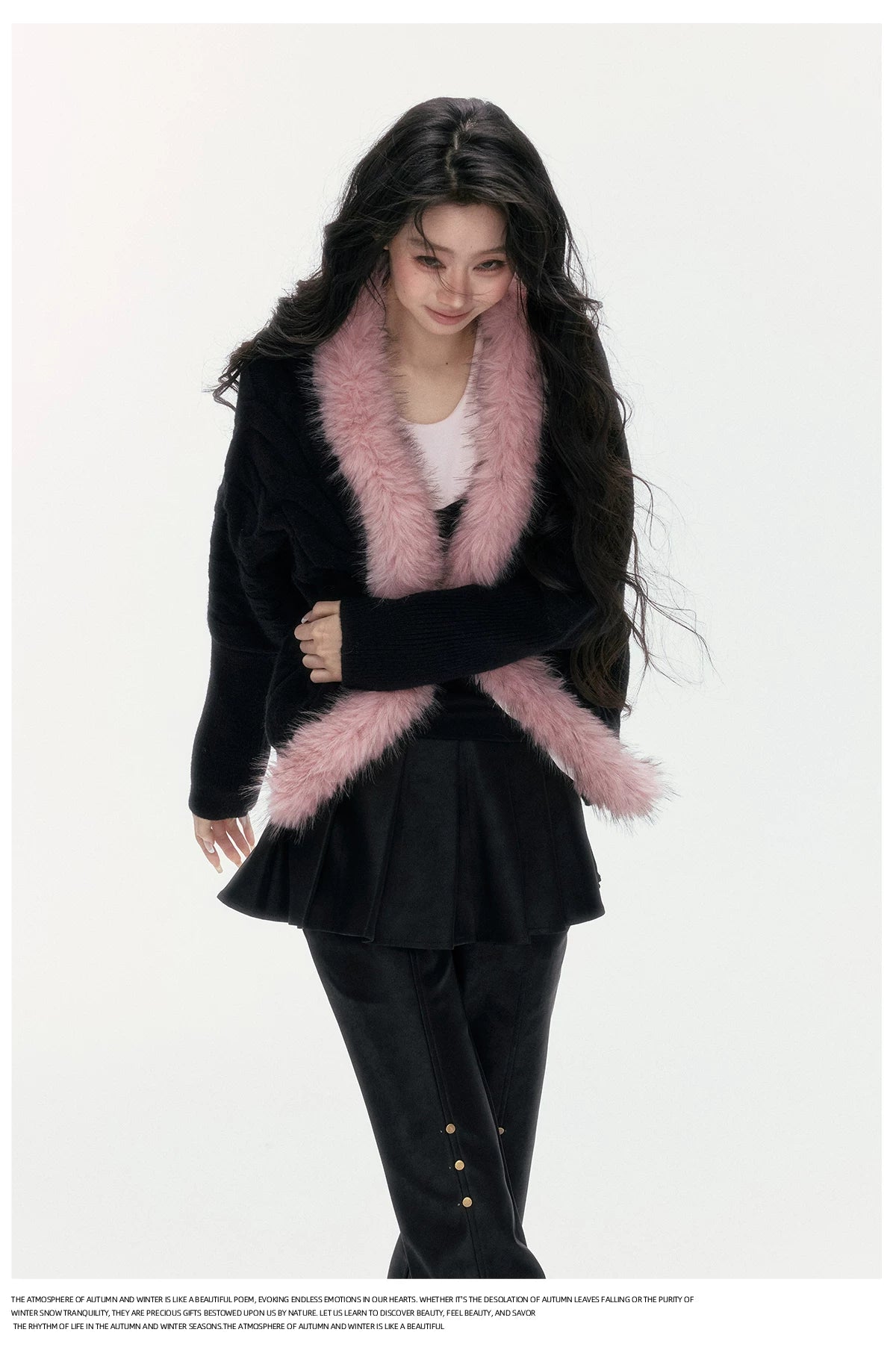 24olvides - Black Pink Cable Knit Cardigan with Detachable Faux Fur Collar
