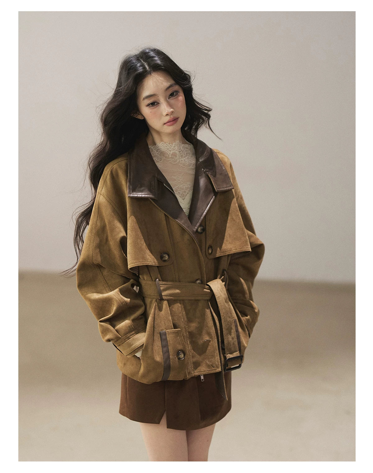 AOMALM - Chestnut Brown Faux-Suede Cropped Utility Coat with Belt