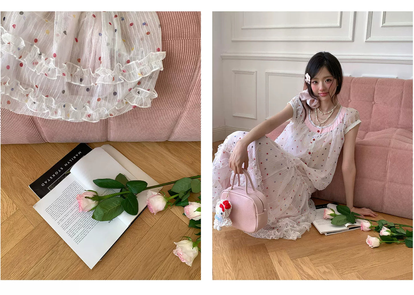 “Strawberry Boba Daydream” Pink Polka Dot Bubble Skirt Set