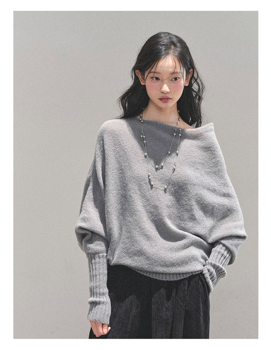 少也眼 “Soft Minimalism” Off-Shoulder Versatile Knit Top - Light Grey 6416515