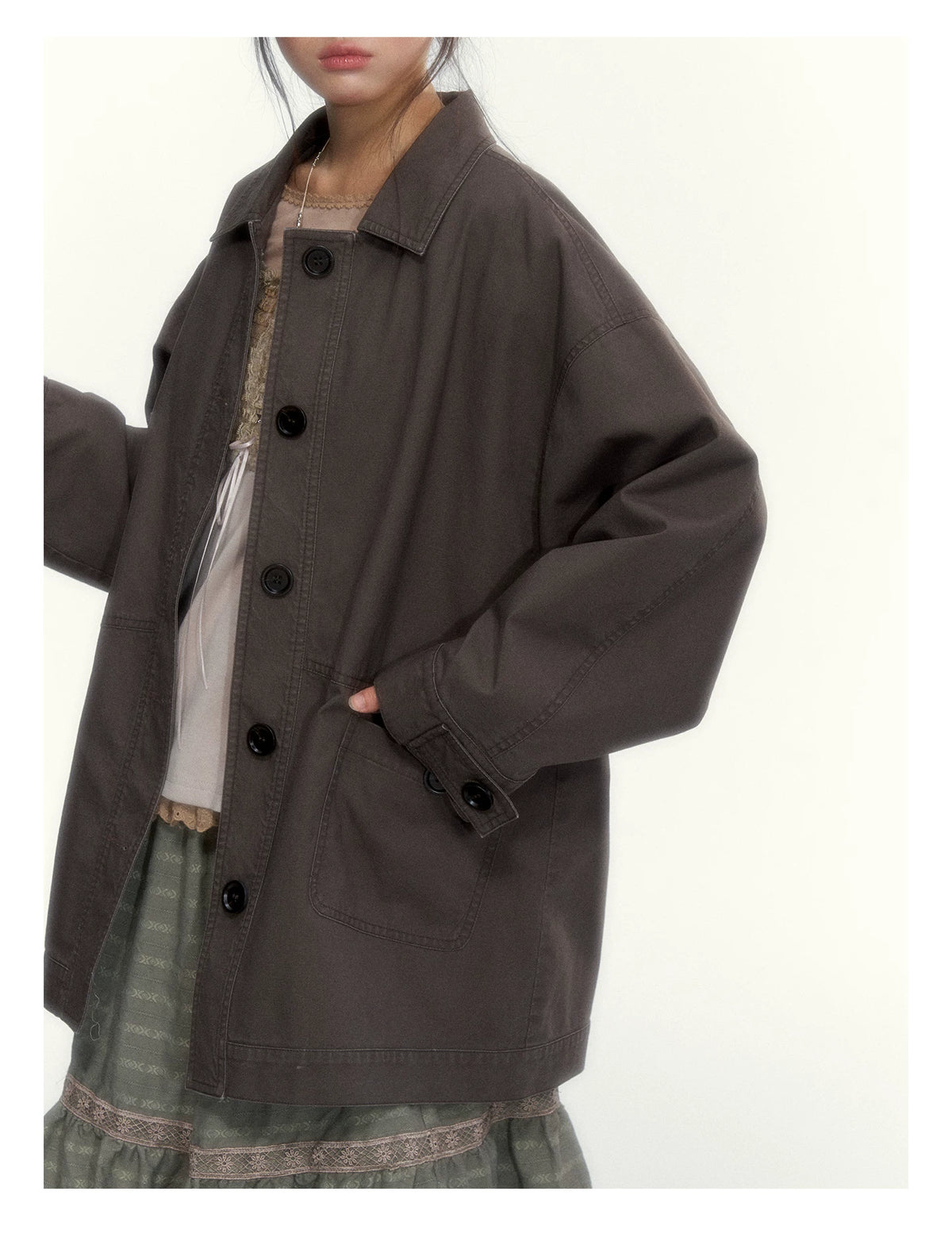 Dark Coffee Brown Washed Cotton Utility Jacket