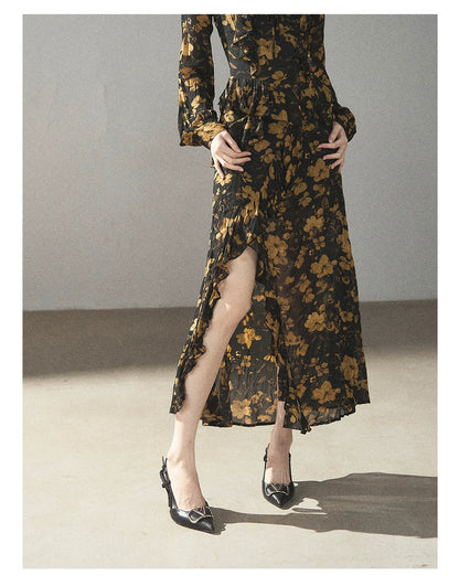 AOMALM - Black & Golden Brown Floral Ruffle Maxi Dress with High Side Slit