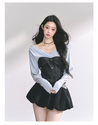 少也眼 "Northern Isle" V-Neck Denim Knit Crop Tee 4167864