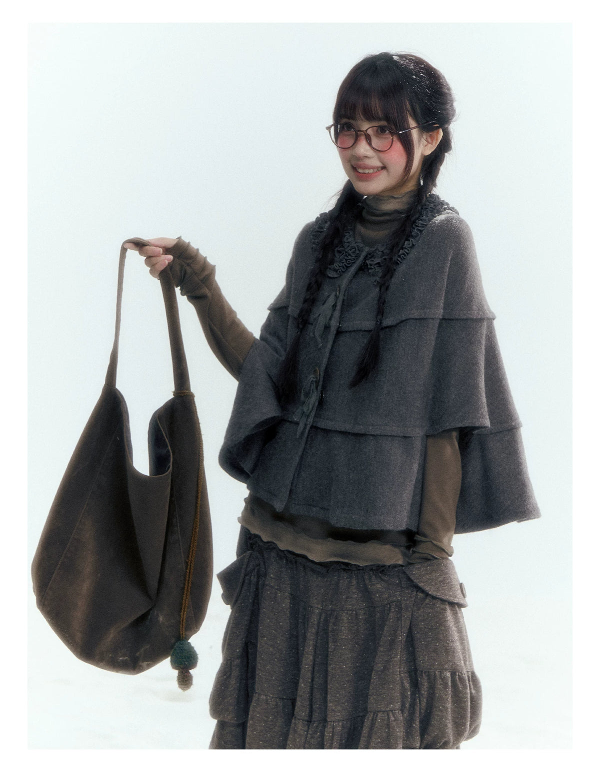 Horridale - Warm Charcoal Gray Knit Cape Poncho with Ruffle Collar