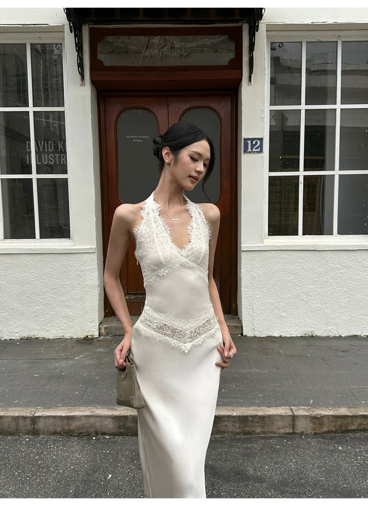 VENUIE - Champagne Satin Lace-Trim Halter Mermaid Maxi Dress