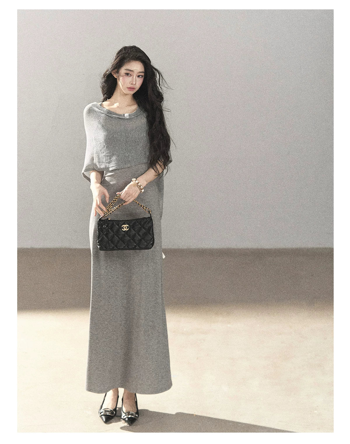 AOMALM - French-Inspired Two-Piece Maxi Dress Set with Layered Cape Overlay