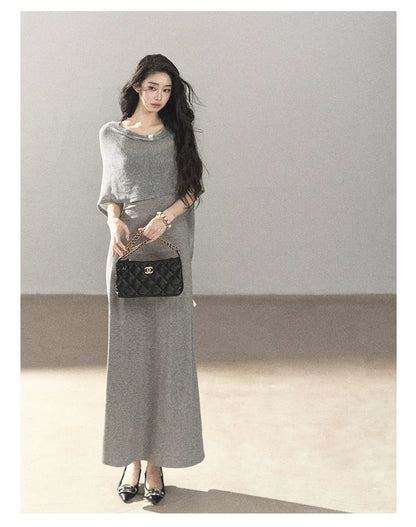 AOMALM - French-Inspired Two-Piece Maxi Dress Set with Layered Cape Overlay