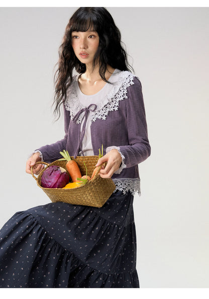 [CAN] “Rose in Bloom” Lavender Knit Cardigan & Floral Skirt 3-Piece Set