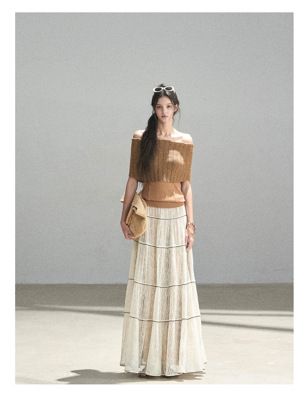 "Mist Through the Woods" Creamy Apricot White Lace Maxi A-Line Skirt
