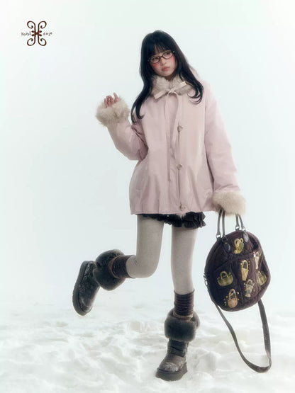 Horridale - Blue Bud-Shaped Faux Fur Collar Parka Down Jacket