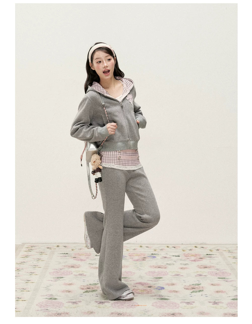 [RF] Soft Gingham Color-Block Hoodie and Flare Pants Set (Blue / Mauve)