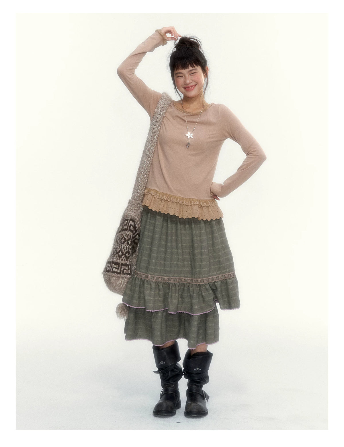 Dried Grass Green Vintage Lace Tiered A-Line Skirt