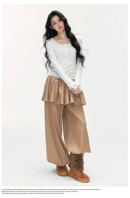 24olvides - Fitted Henley Top with Asymmetric Lace Trim (White / Brown)