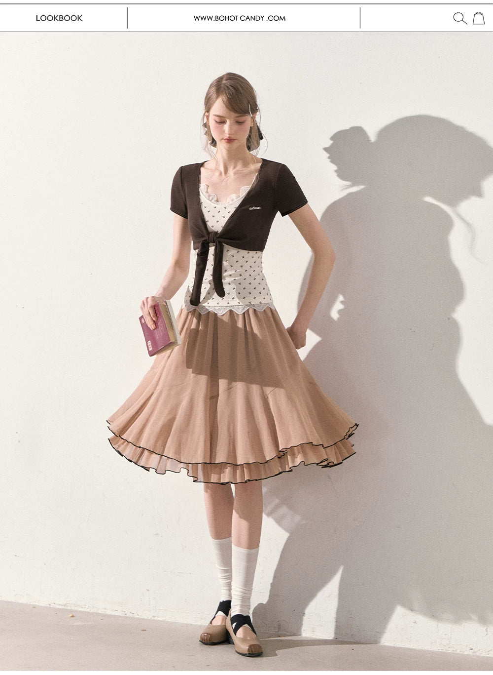 "Summer Café Encounter" Chocolate Knit Cardigan, Floral Lace Cami & Mocha Chiffon Skirt Set