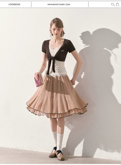 "Summer Café Encounter" Chocolate Knit Cardigan, Floral Lace Cami & Mocha Chiffon Skirt Set