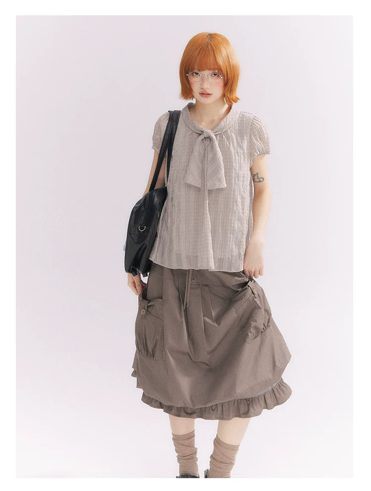 “Sweet & Cool Girl” Taupe Bow Drawstring High-Waist A-Line Cargo Skirt