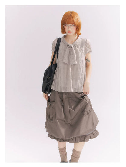 “Sweet & Cool Girl” Taupe Bow Drawstring High-Waist A-Line Cargo Skirt