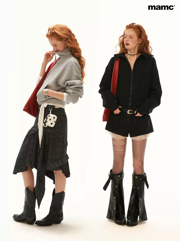 MAMC - Y2K Structured Knit Zip-Up Jacket (Black / Gray)